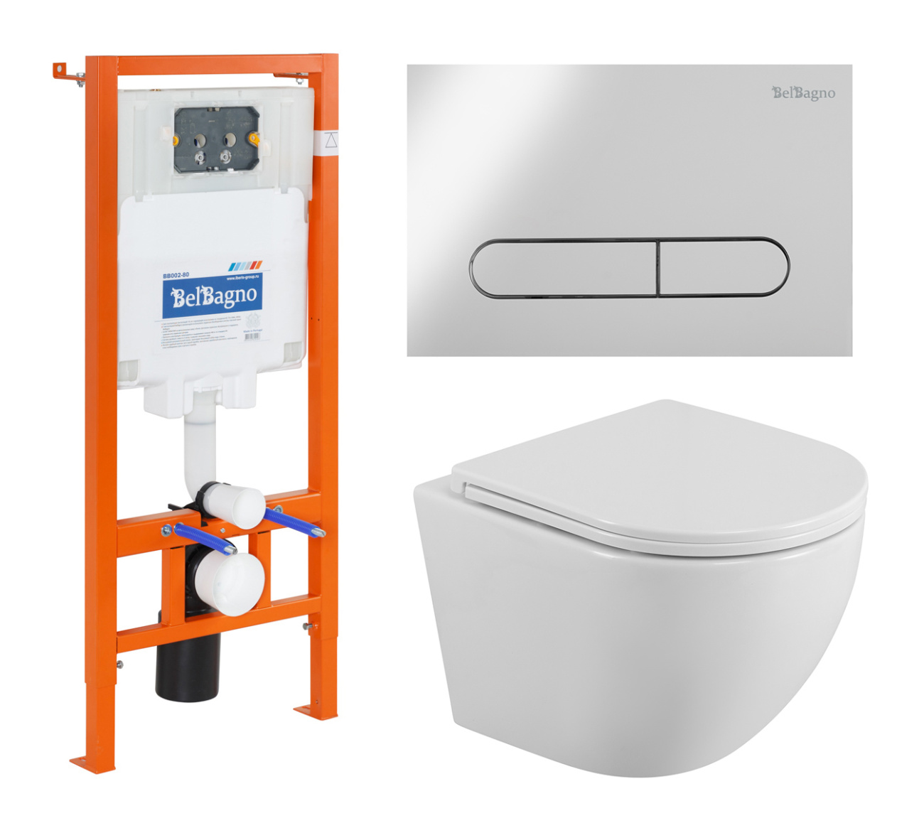 Комплект 3 в 1 Унитаз подвесной с сиденьем BelBagno UNO BB3105CHR/SC + Система инсталляции для унитазов BelBagno BB002-80 с кнопкой смыва BB005-PR-CH