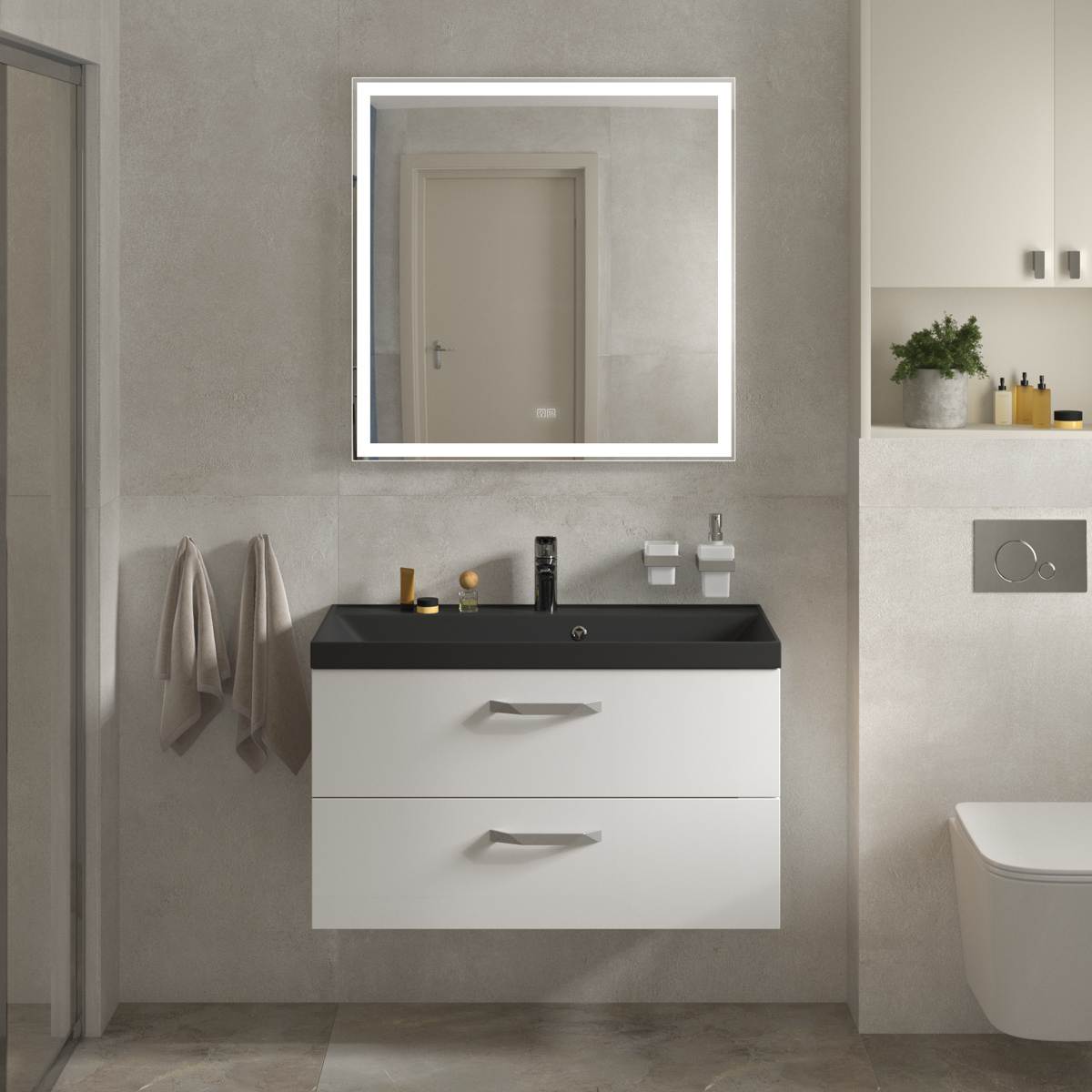 Тумба с раковиной подвесная BelBagno AURORA 90 Bianco Lucido, раковина чёрная