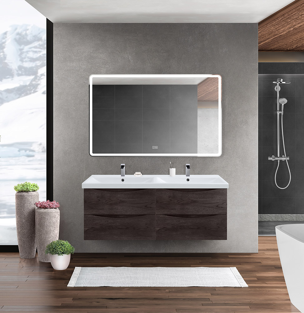 Тумба с раковиной на две чаши четырьмя ящиками подвесная BelBagno MARINO-CER 120 Rovere Nature Grigio, раковина белая