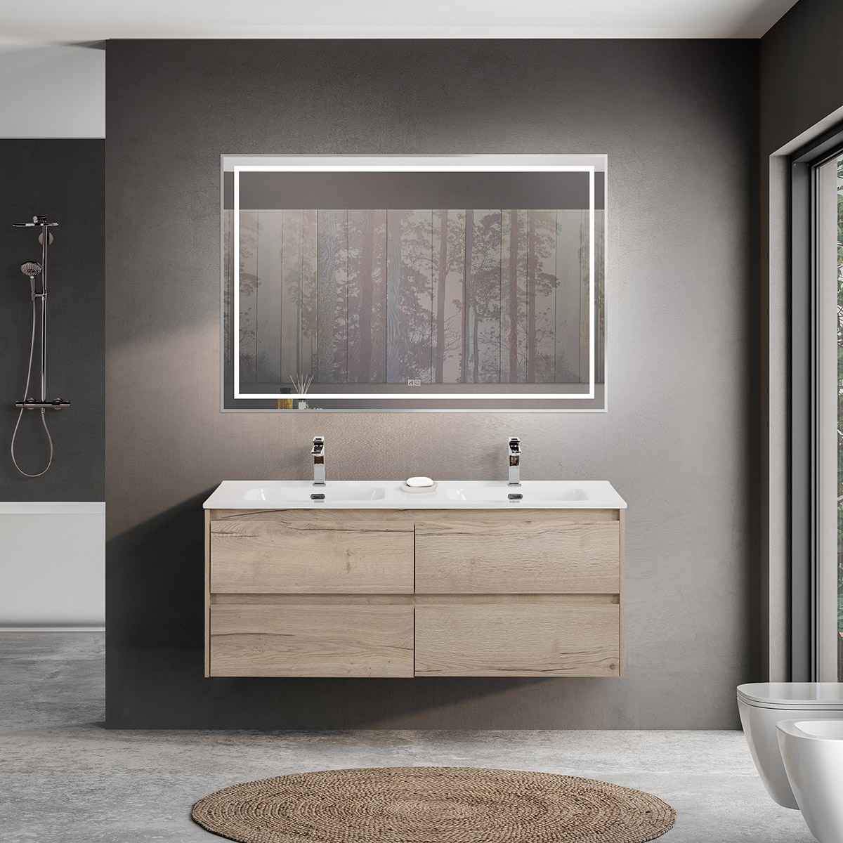 Тумба с четырьмя ящиками и раковиной на две чаши подвесная BelBagno KRAFT 120 Rovere Galifax Bianco , раковина белая