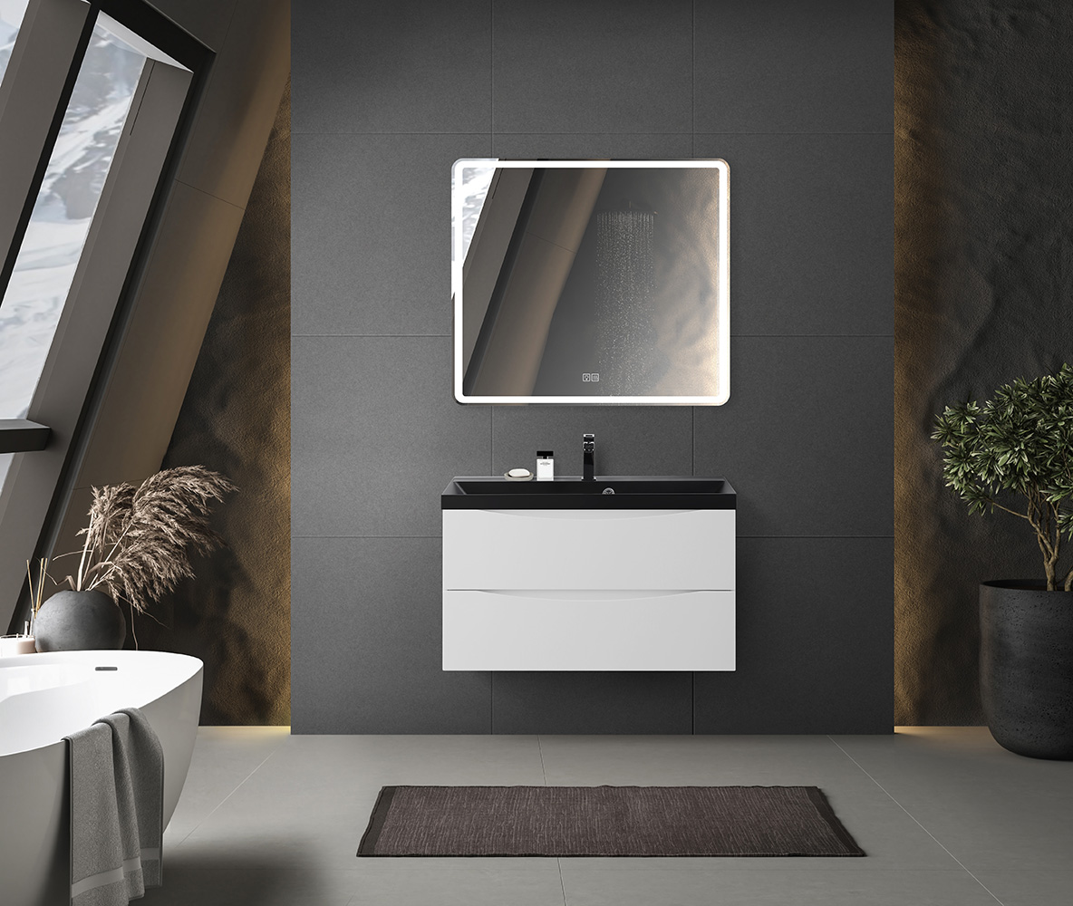 Тумба с раковиной подвесная BelBagno MARINO 90 Bianco Lucido, раковина чёрная