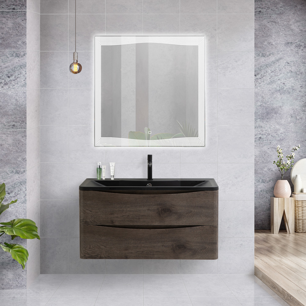 Тумба с раковиной подвесная BelBagno ACQUA 80 Rovere Nature Grigio, раковина чёрная