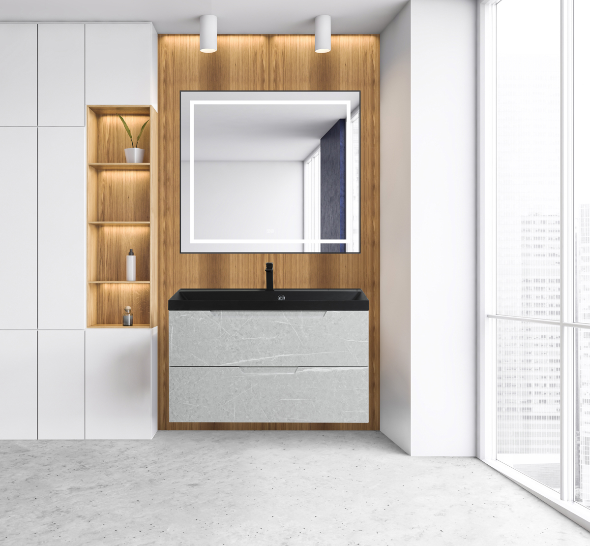 Тумба с раковиной подвесная BelBagno VITTORIA 100 Toros Bianco, раковина чёрная