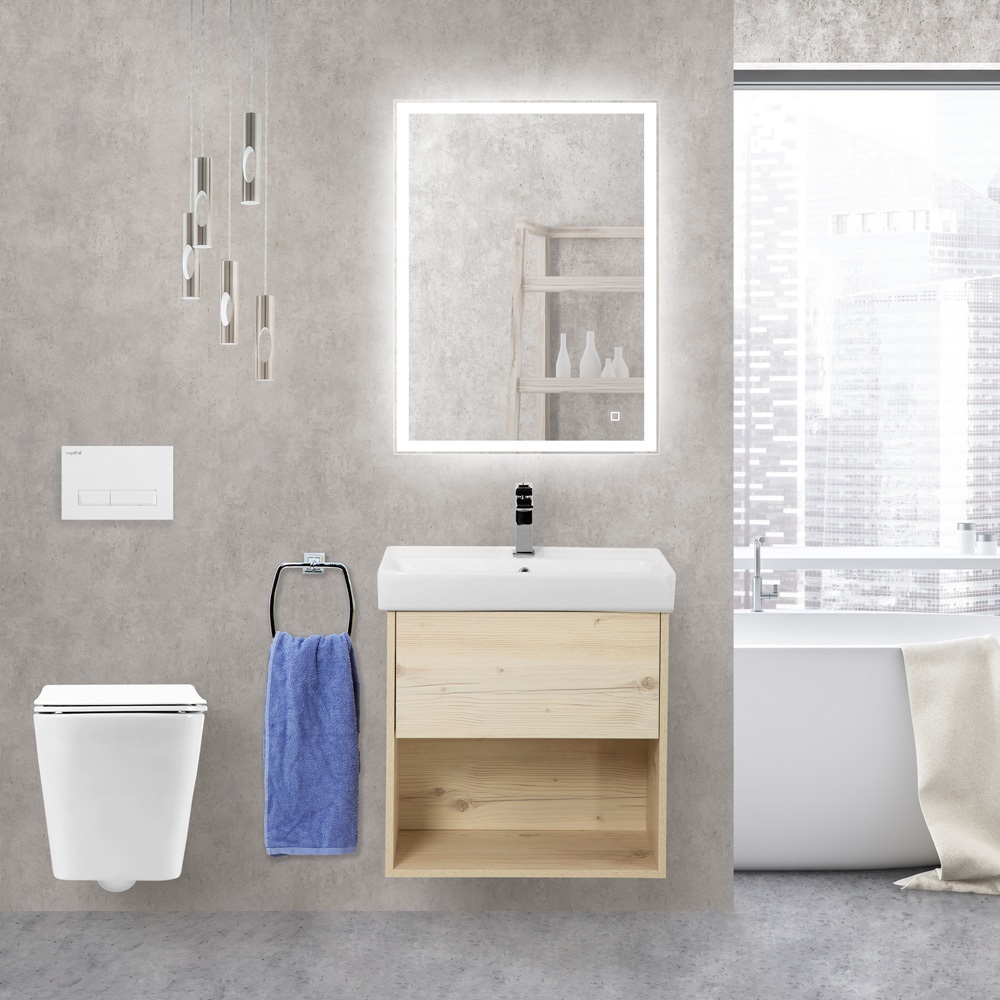 Тумба с раковиной подвесная с одним ящиком BelBagno NEON 50 Pino Bianco, раковина белая