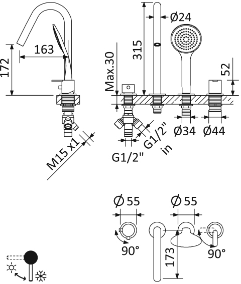 CEZARES - Смеситель на борт ванны  LEAF-BVDM4-L-MM