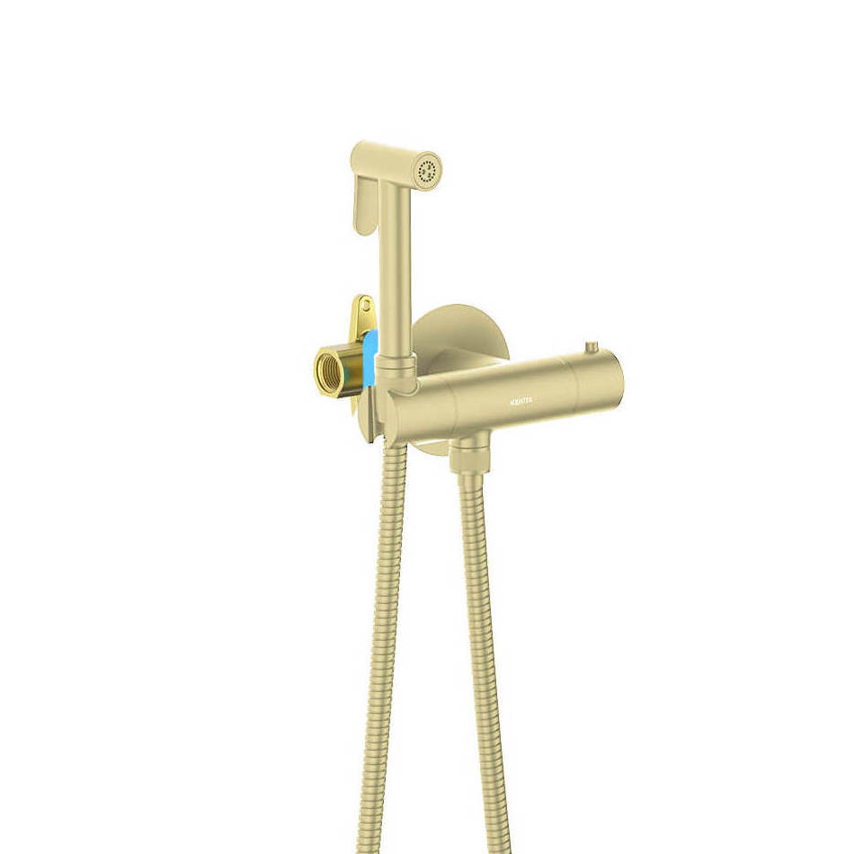 Комплект для гигиенического душа термостатический встроенный (смеситель + гигиеническая лейка + шланг) AQUATEK, шлиф.золото AQ1027BG Оберон