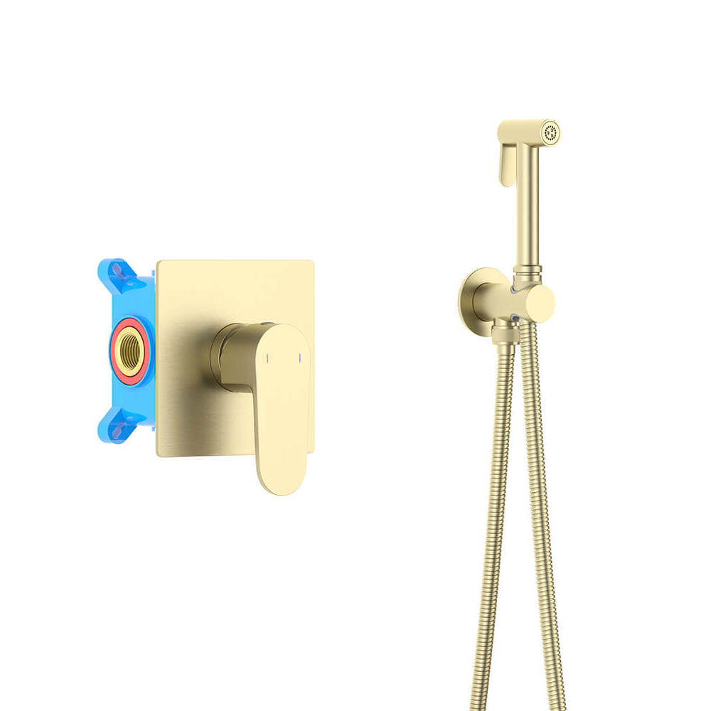 Набор с гигиеническим душем (смеситель + гигиеническая лейка + шланг + шланговое подсоединение с держателем) AQUATEK, шлиф.золото AQ1219BG Оберон