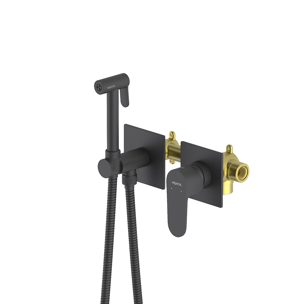 Комплект для гигиенического душа встроенный 2 отв. (смеситель + гигиеническая лейка + шланг) AQUATEK, матовый черный AQ1220MB Оберон