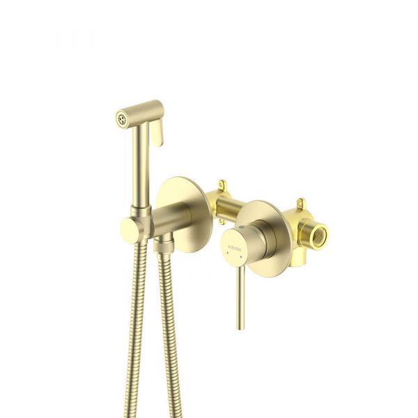 Акватек - Комплект для гигиенического душа встроенный 2 отв. (смеситель + гигиеническая лейка + шланг) AQUATEK, шлиф.золото AQ1319BG Европа