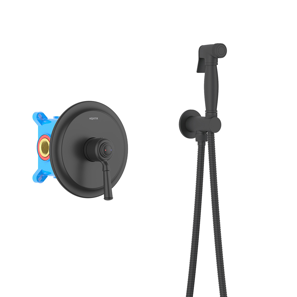 Набор с гигиеническим душем (смеситель + гигиеническая лейка + шланг + шланговое подсоединение с держателем) AQUATEK, матовый черный AQ1519MB Классик