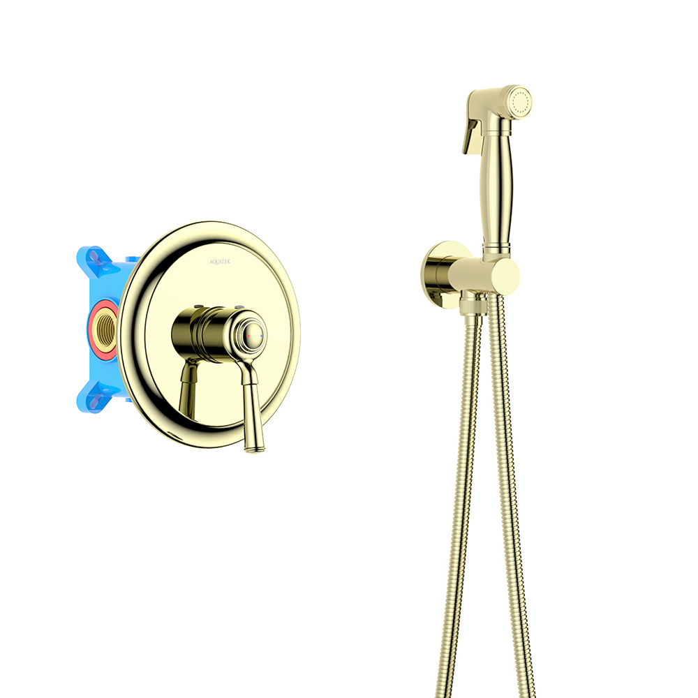 Набор с гигиеническим душем (смеситель + гигиеническая лейка + шланг + шланговое подсоединение с держателем) AQUATEK, полир. золото AQ1519PG Классик
