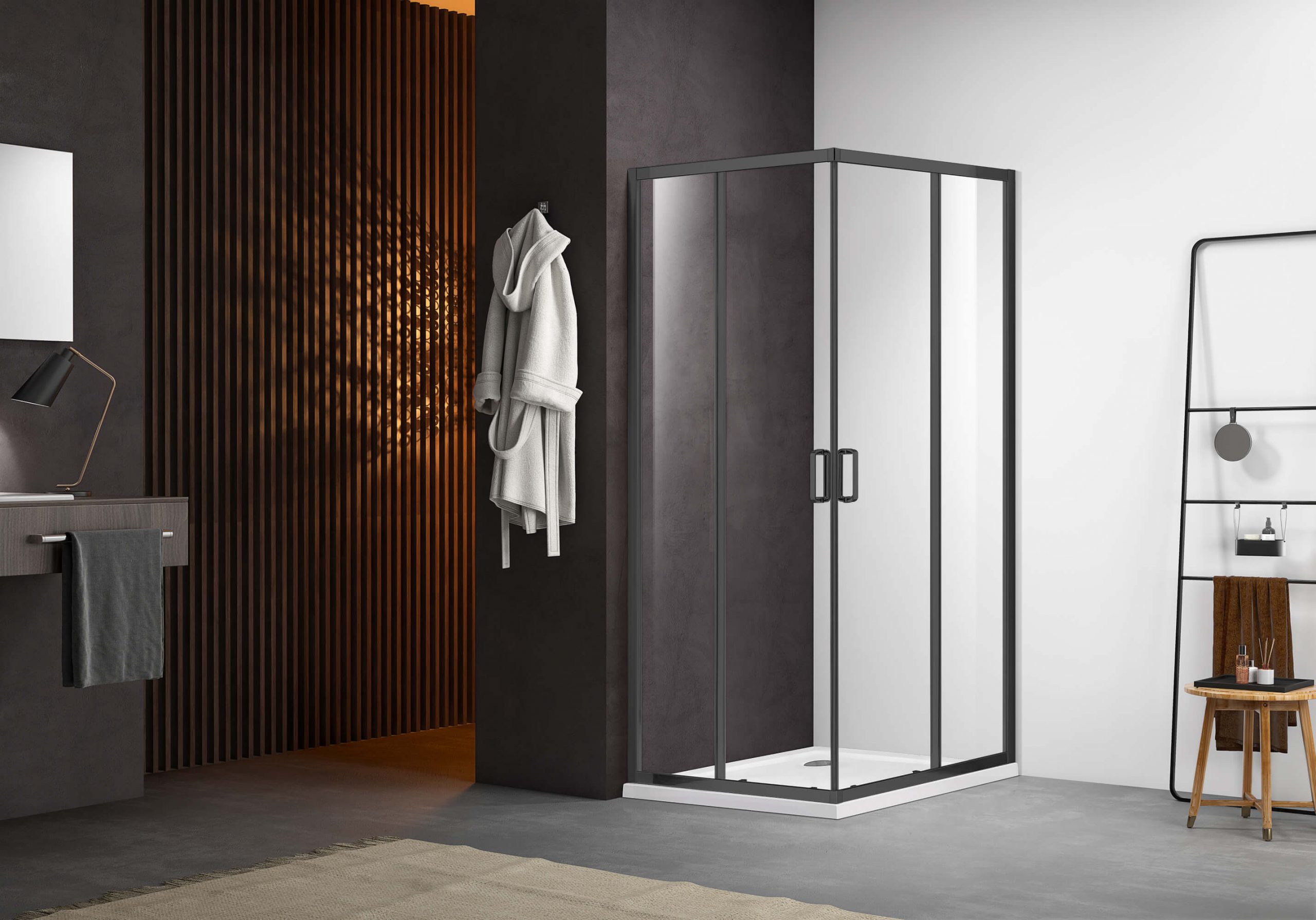 Душевой уголок квадратный, двери раздвижные 200х90x90, оружейная сталь