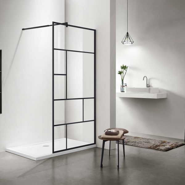 Акватек - Душевая перегородка Walk in с держателем 200х100, профиль черный матовый, стекло прозрачное с черным принтом