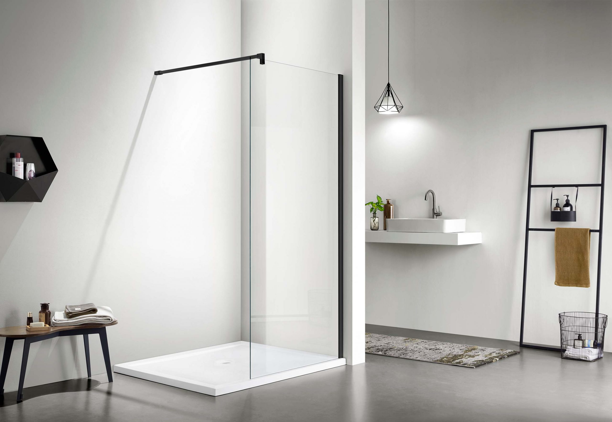 Душевая перегородка Walk in с держателем 200х90, профиль черный матовый, стекло прозрачное