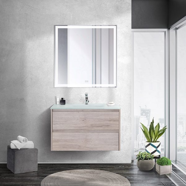 BelBagno - Тумба со стеклянной раковиной подвесная  KRAFT 80 Rovere Galifax Bianco, раковина белая