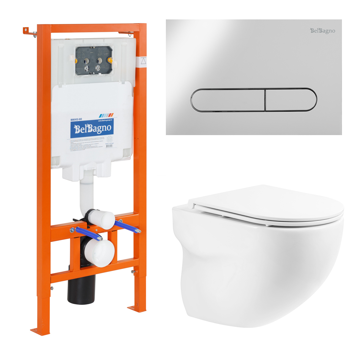Комплект 4 в 1 Унитаз подвесной BelBagno ONDA BB066CHR с сиденьем BB870SC + Система инсталляции для унитазов BelBagno BB002-80 с кнопкой смыва BB005-PR-CH