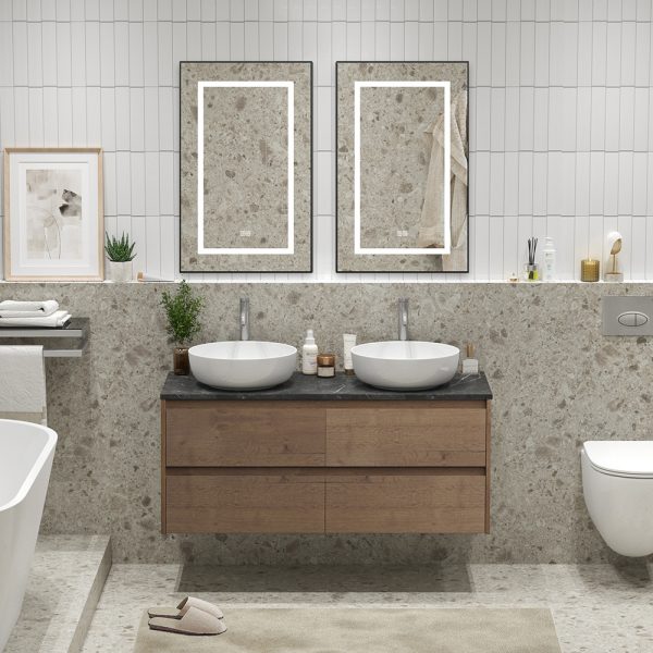 BelBagno - Тумба с четырьмя ящиками, столешницей и накладными раковинами подвесная  KRAFT 120 Rovere Tabacco