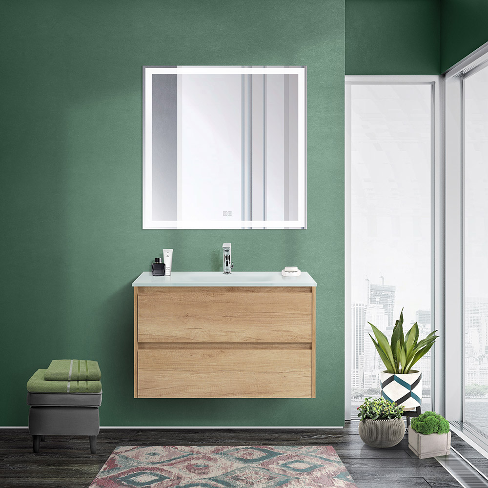 Тумба со стеклянной раковиной подвесная BelBagno KRAFT 80 Rovere Nebrasca Nature, раковина белая