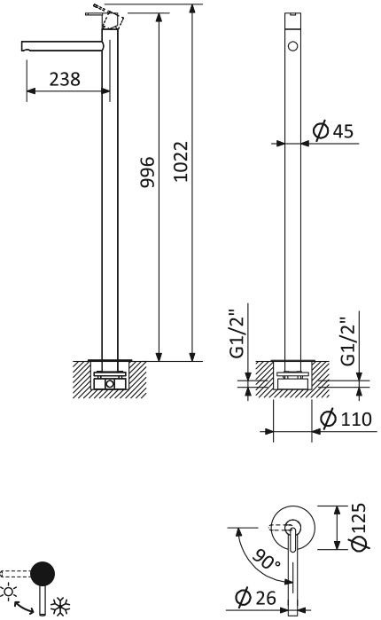 Смеситель для раковины напольный CEZARES LEAF-TVP-L-GM