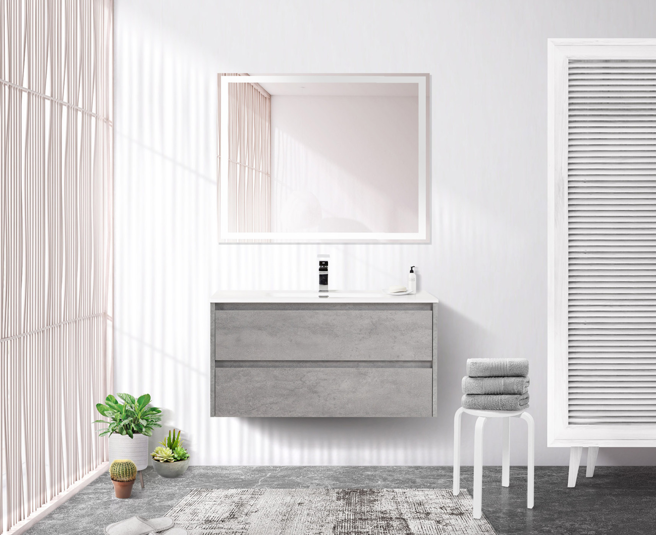 Тумба с раковиной подвесная BelBagno KRAFT 90 Cemento Grigio, раковина белая