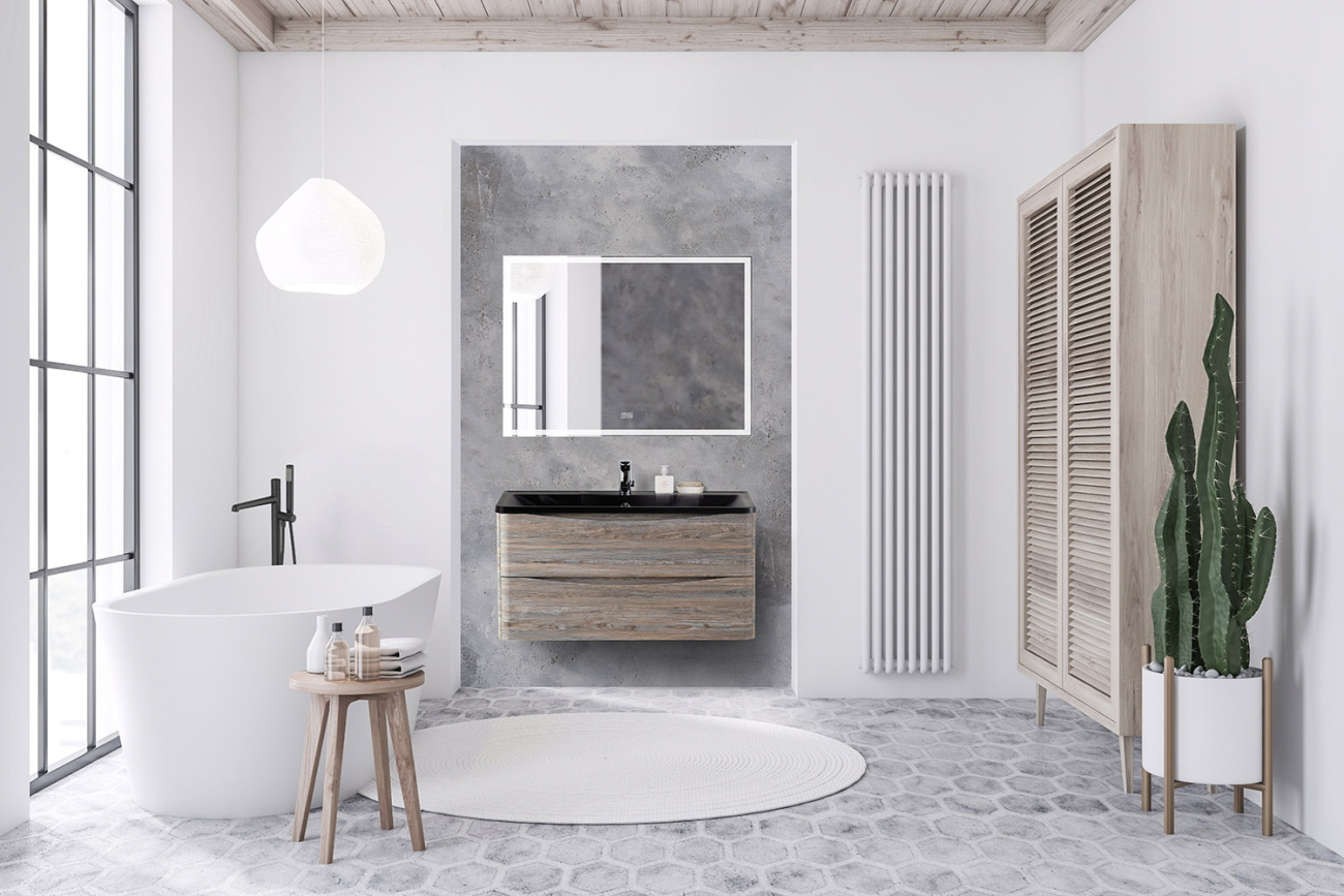 Тумба с раковиной подвесная BelBagno ACQUA 100 Pino Scania, раковина чёрная