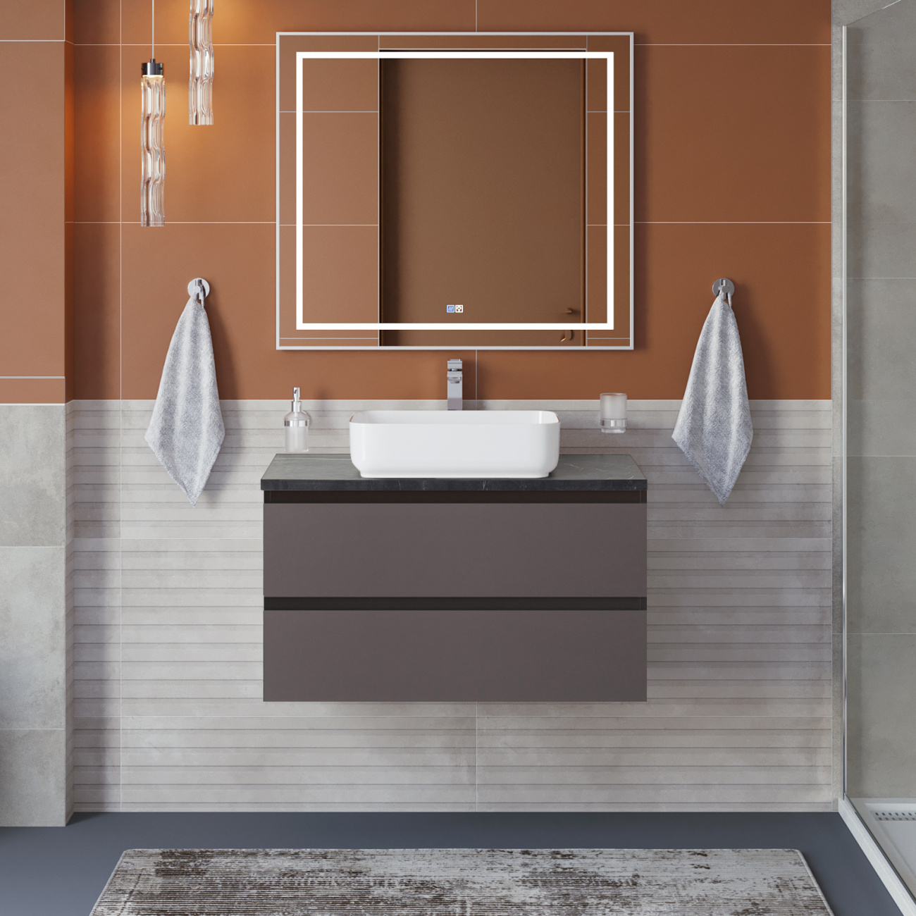 Тумба со столешницей подвесная BelBagno KRAFT 80 Темно-Серый Матовый, столешница KEP-80-MNO