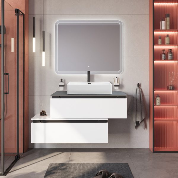 CEZARES - Тумба со столешницей подвесная и нижней тумбой  SLIDER 100 Bianco Opaco, столешница SLD-100/48-MNO