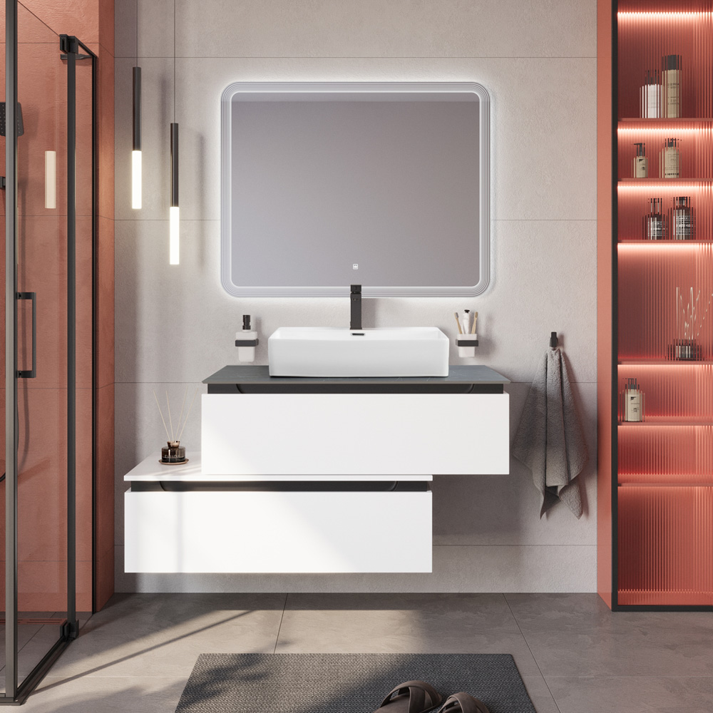 Тумба со столешницей подвесная и нижней тумбой CEZARES SLIDER 100 Bianco Opaco, столешница SLD-100/48-MNO