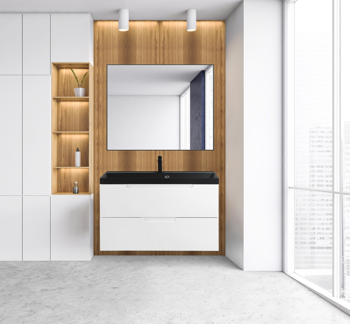 Тумба с раковиной подвесная BelBagno VITTORIA 100 Bianco Lucido-P, раковина чёрная