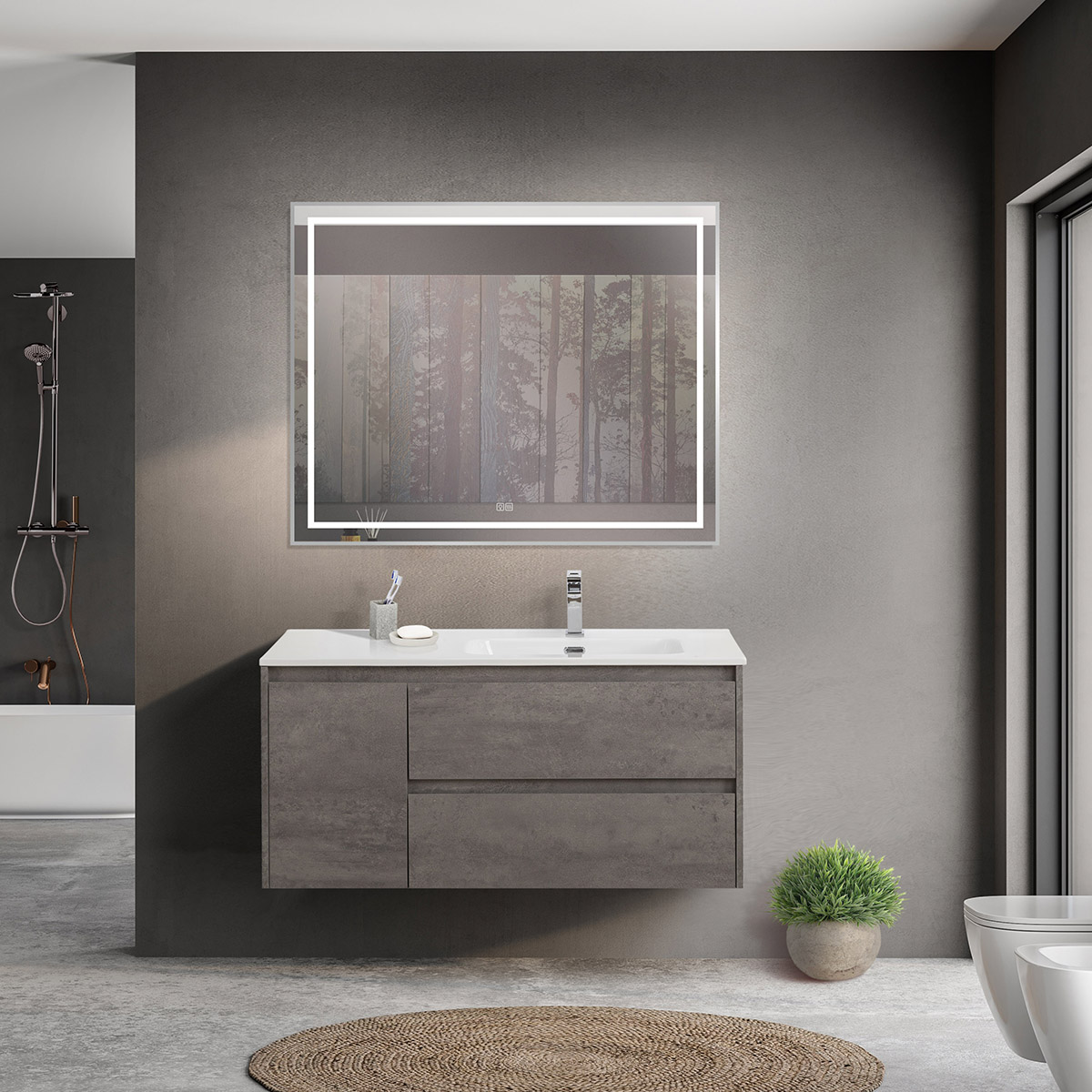 Тумба с раковиной подвесная с двумя ящиками и одной дверцей BelBagno KRAFT 100 Cemento Grigio правая, раковина белая
