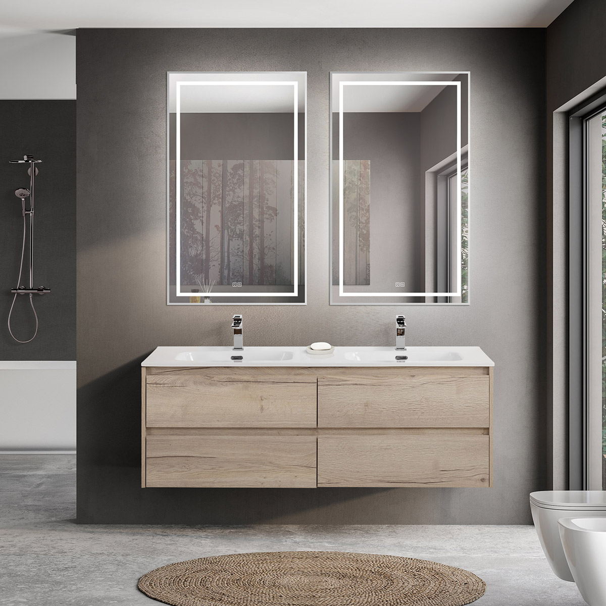Тумба с четырьмя ящиками и раковиной на две чаши подвесная BelBagno KRAFT 140 Rovere Galifax Bianco , раковина белая
