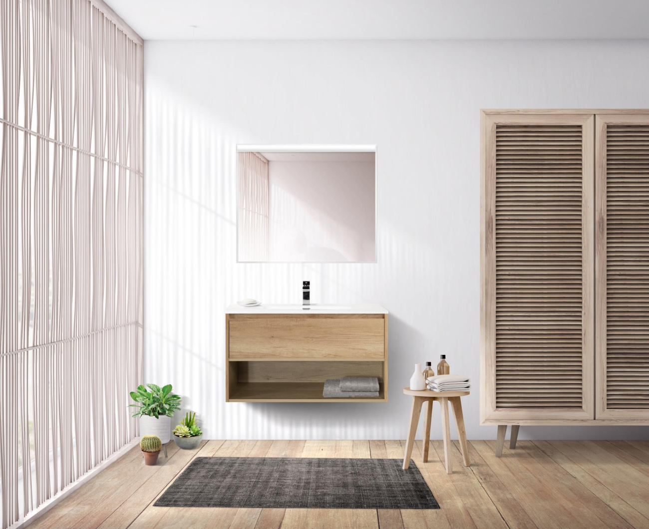 Тумба c раковиной подвесная с одним ящиком и одной открытой полкой BelBagno KRAFT 90 Rovere Nebrasca Nature, раковина белая