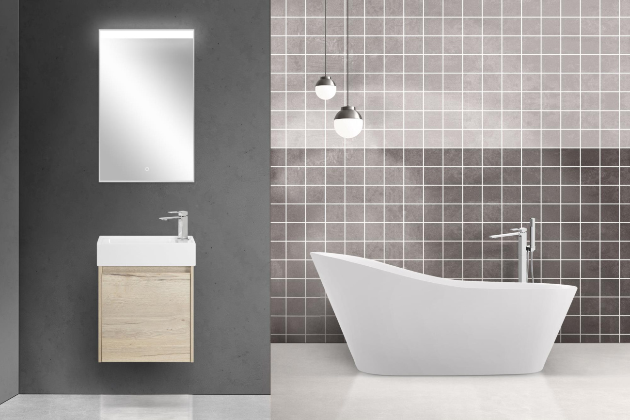 Тумба с раковиной подвесная BelBagno KRAFT MINI 50 Rovere Galifax Bianco левосторонняя, раковина белая