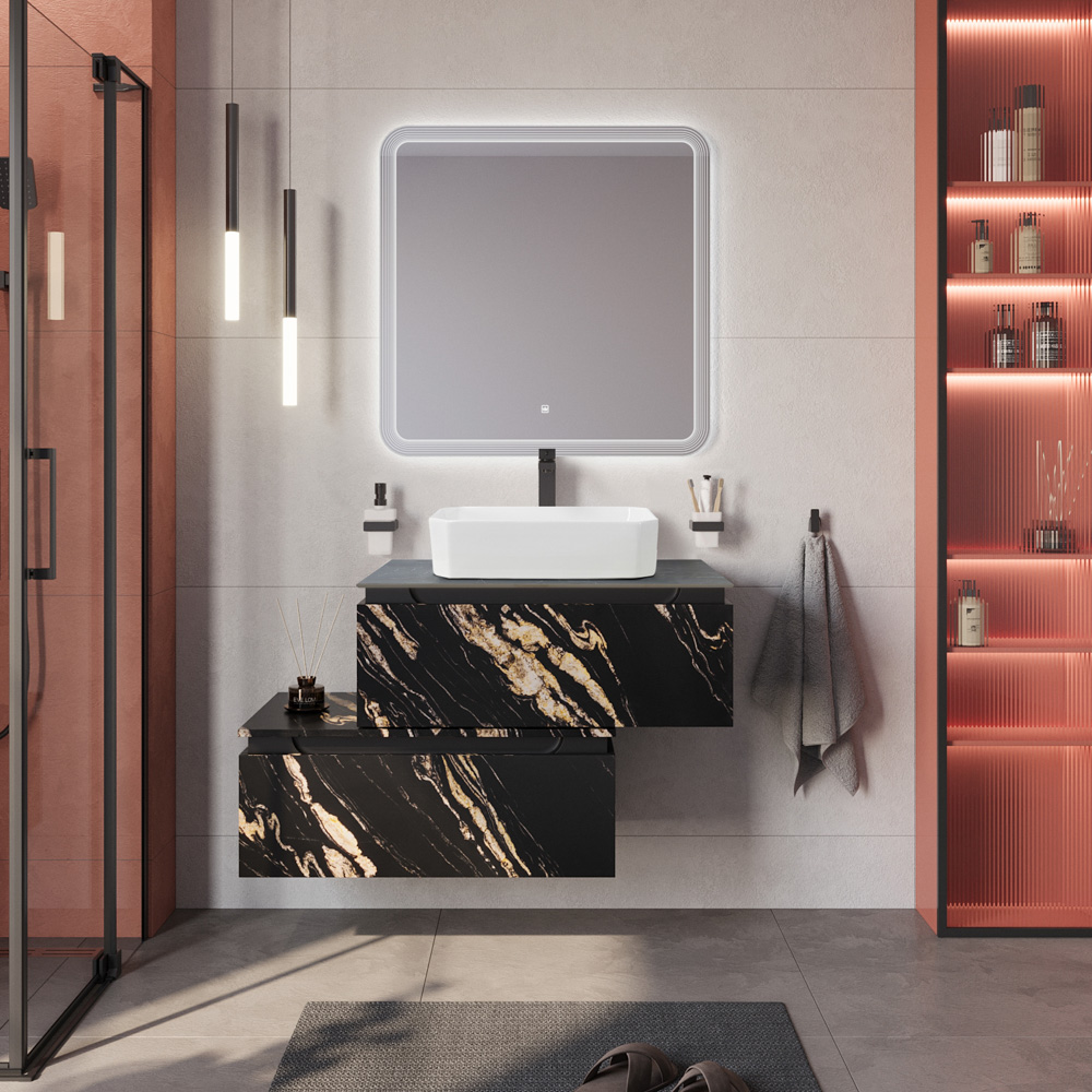 Тумба со столешницей подвесная и нижней тумбой CEZARES SLIDER 80 Чёрный фьюжн, столешница SLD-80/48-MNO