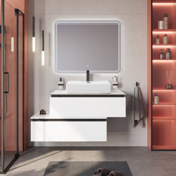 CEZARES - Тумба со столешницей подвесная и нижней тумбой  SLIDER 100 Bianco Opaco, столешница SLD-100/48-BO