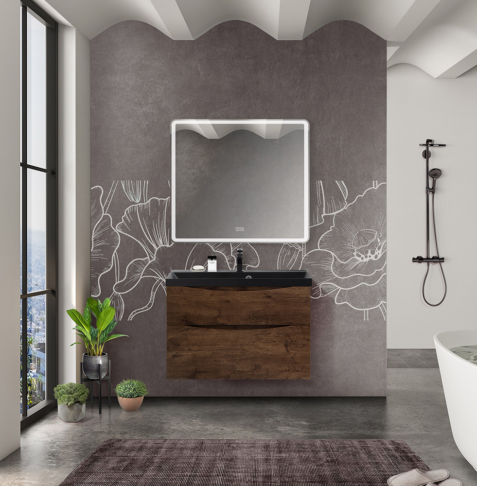 Тумба с раковиной подвесная BelBagno MARINO-H60 80 Rovere Moro, раковина черная