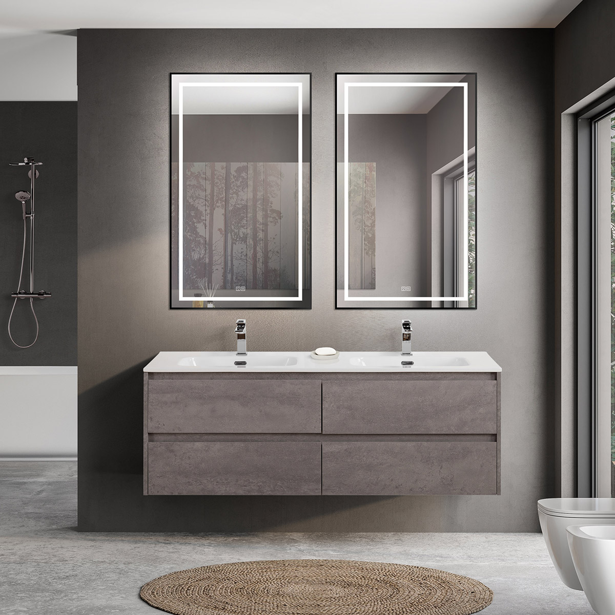 Тумба с четырьмя ящиками и раковиной на две чаши подвесная BelBagno KRAFT 140 Cemento Grigio , раковина белая