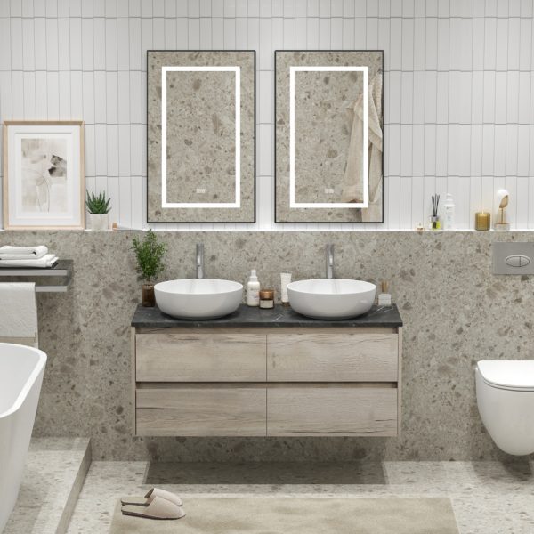 BelBagno - Тумба с четырьмя ящиками, столешницей и накладными раковинами подвесная  KRAFT 120 Rovere Galifax Bianco