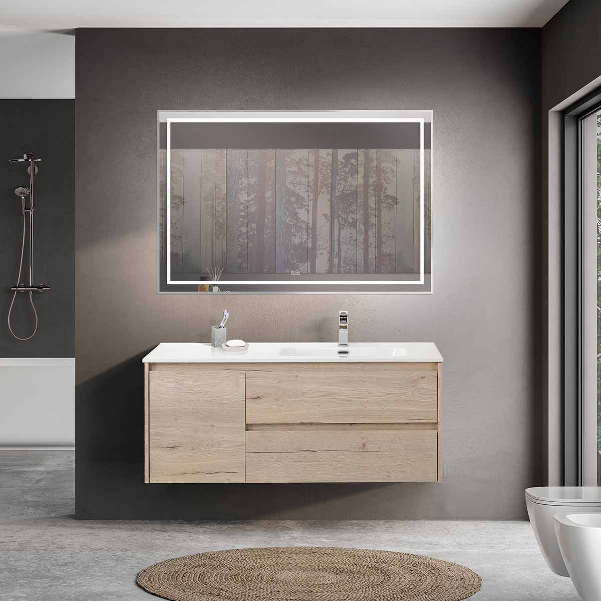 Тумба с раковиной подвесная с двумя ящиками и одной дверцей BelBagno KRAFT 120 Rovere Galifax Bianco правая, раковина белая