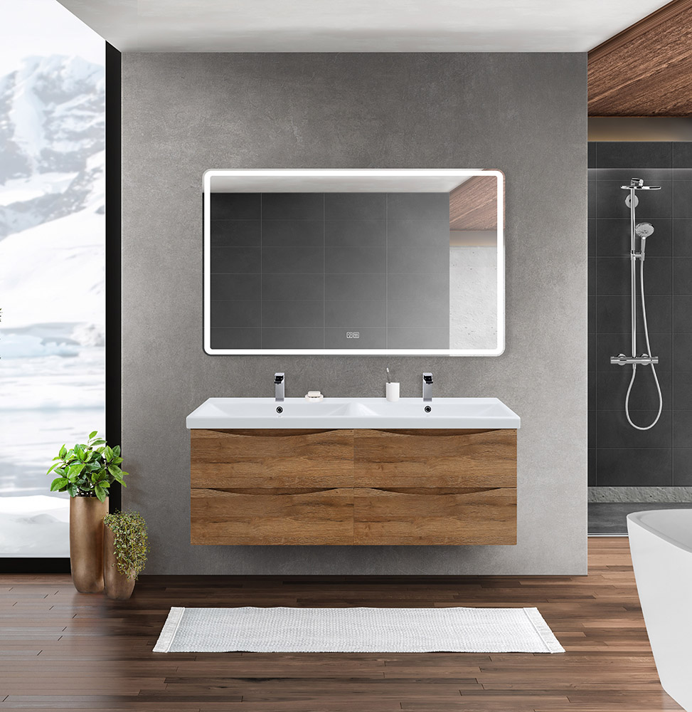 Тумба с раковиной на две чаши четырьмя ящиками подвесная BelBagno MARINO-CER 120 Rovere Rustico, раковина белая