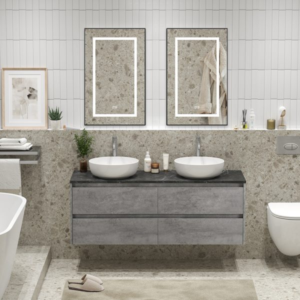 BelBagno - Тумба с четырьмя ящиками, столешницей и накладными раковинами подвесная  KRAFT 140 Cemento Grigio