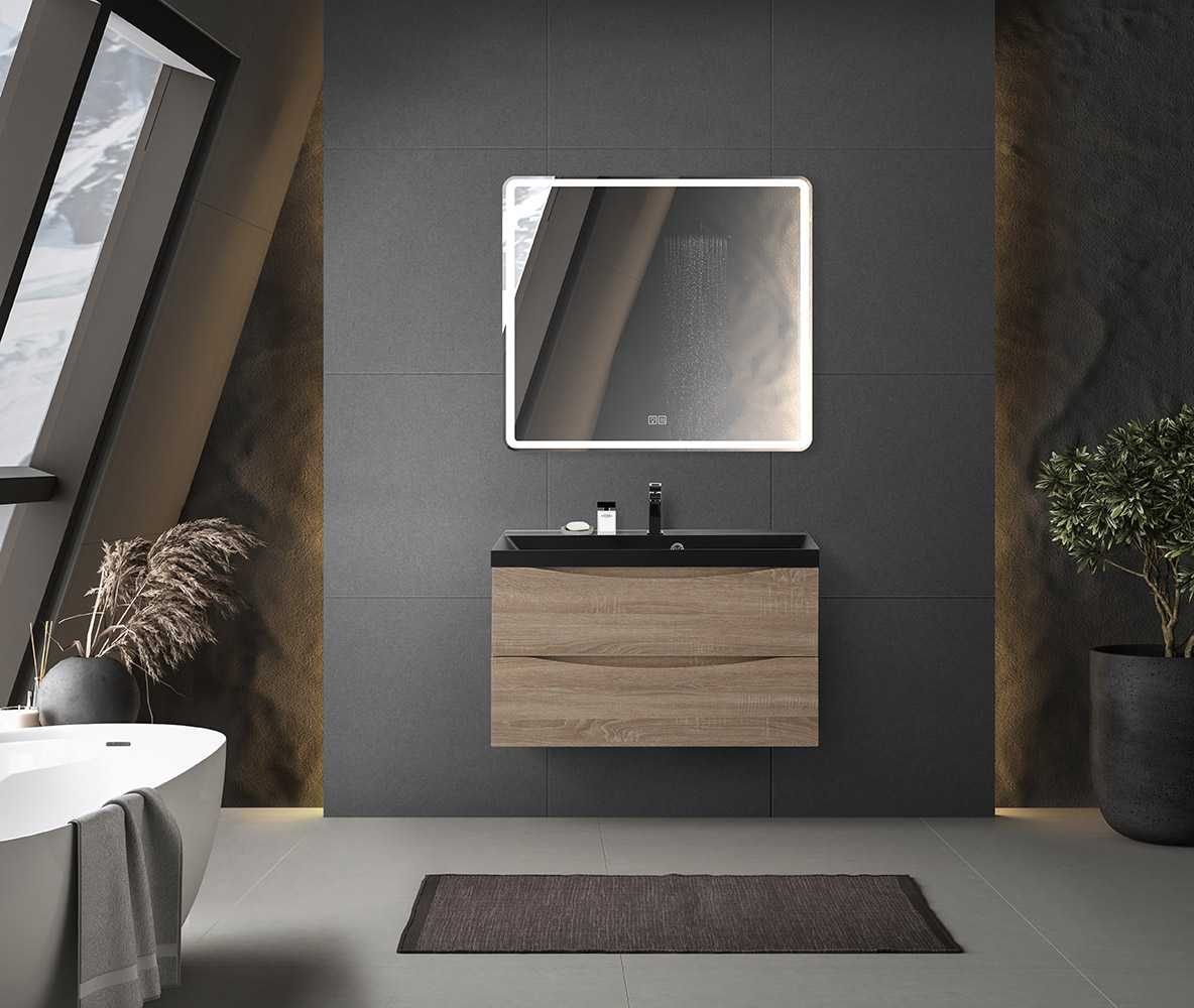 Тумба с раковиной подвесная BelBagno MARINO 80 Rovere Bianco, раковина чёрная