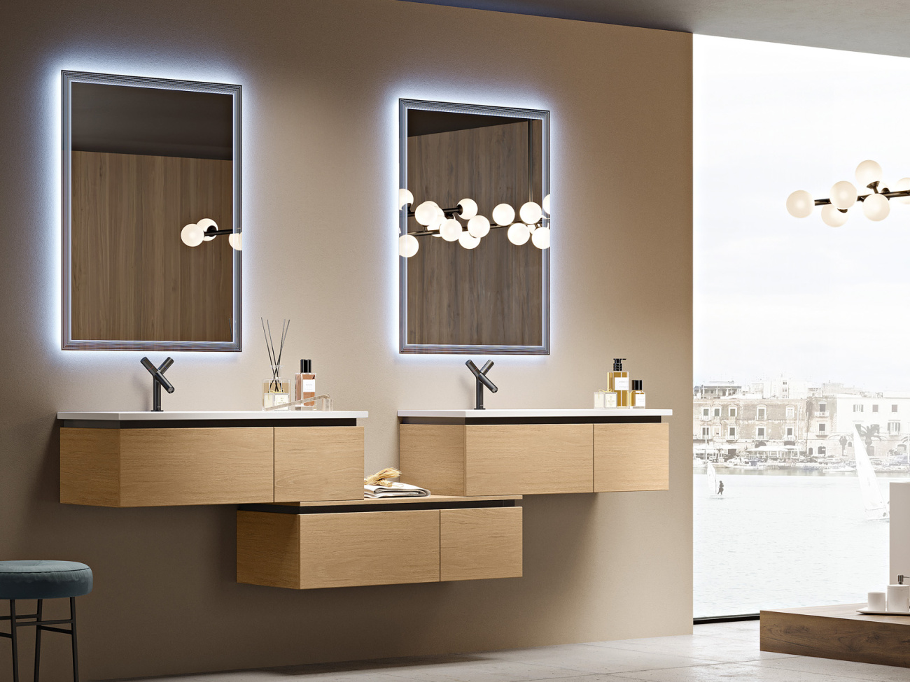 Тумба с раковиной подвесная с подвесным шкафчиком CEZARES AVRIL Rovere Tabacco