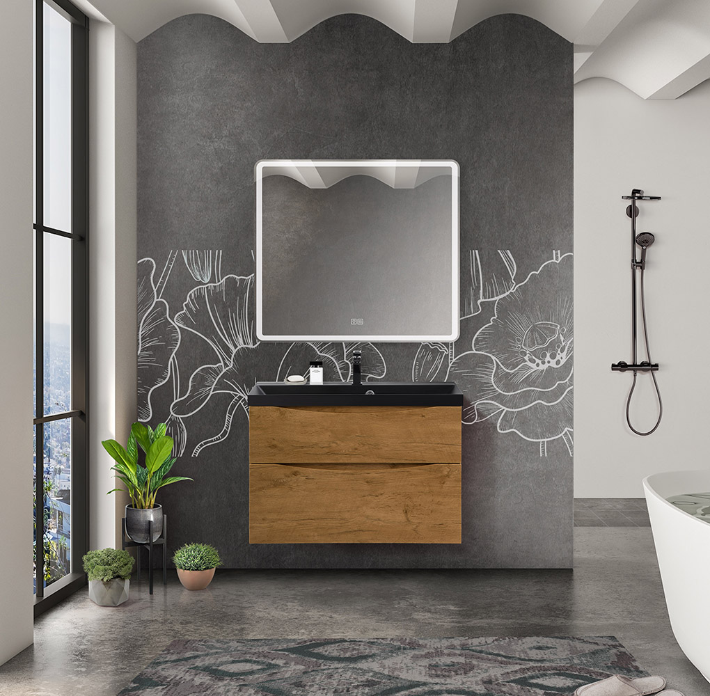 Тумба с раковиной подвесная BelBagno MARINO-H60 90 Rovere Nature, раковина черная