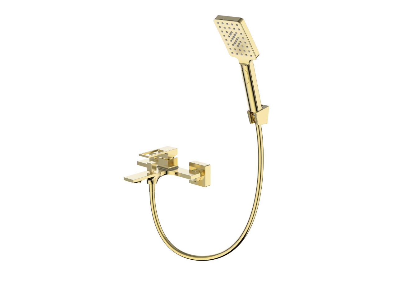 Смеситель для ванны и душа в комплекте с ручным душем, шлангом и держателем BelBagno LUC-VASM-ORO