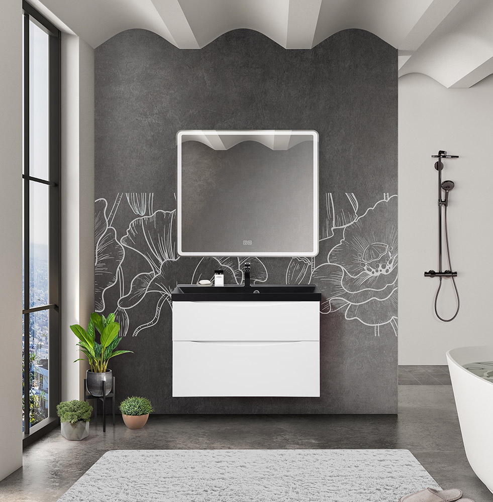 Тумба с раковиной подвесная BelBagno MARINO-H60 90 Bianco Lucido, раковина черная
