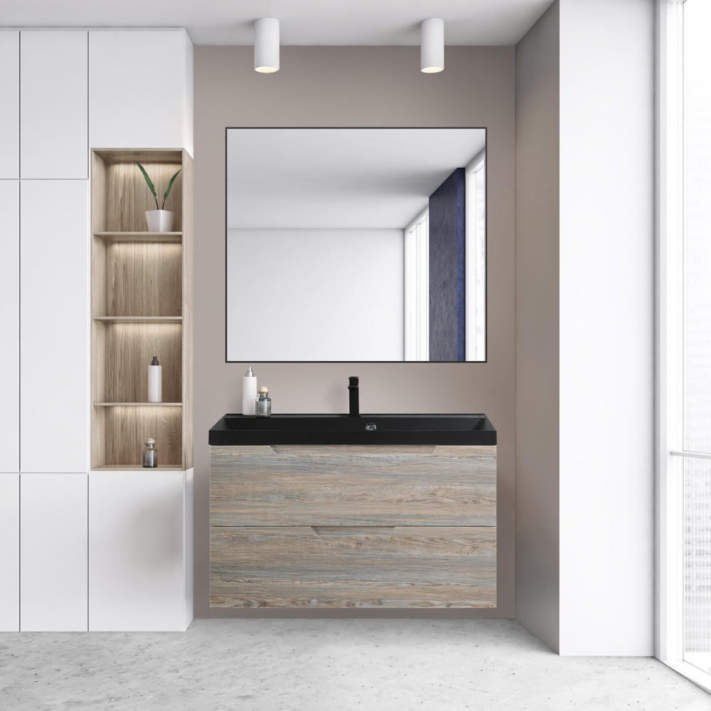 Тумба с раковиной подвесная BelBagno VITTORIA 100 Pino, раковина чёрная