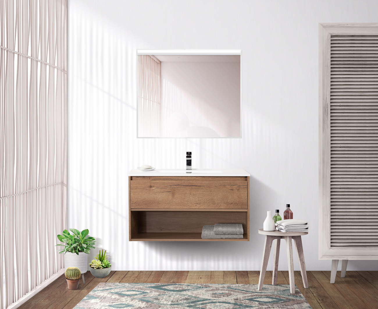 Тумба c раковиной подвесная с одним ящиком и одной открытой полкой BelBagno KRAFT 90 Rovere Tabacco, раковина белая