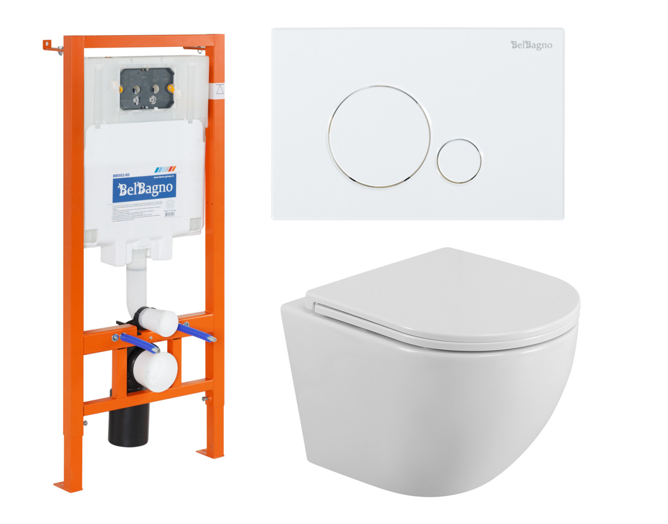 Комплект 3 в 1 Унитаз подвесной с сиденьем BelBagno UNO BB3105CHR/SC + Система инсталляции для унитазов BelBagno BB002-80 с кнопкой смыва BB014-SR-BIANCO