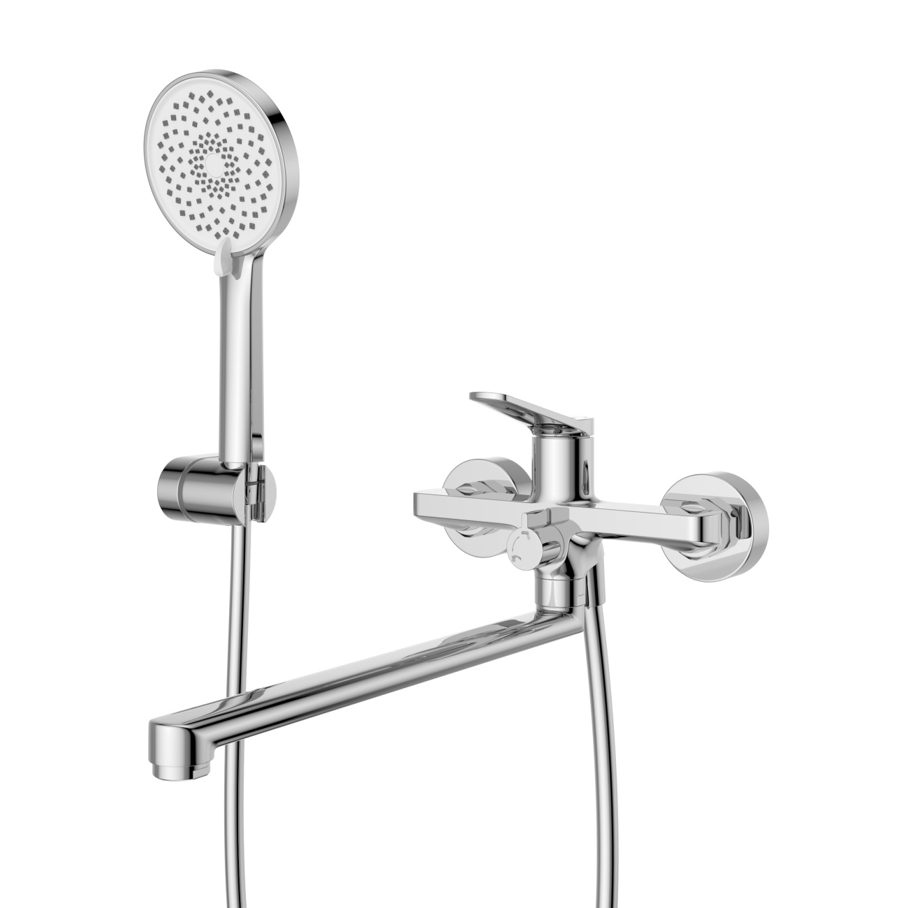 Смеситель для ванны и душа с длинным изливом в комплекте с ручным душем, шлангом и держателем BelBagno UNIQUE-VASM-L-CRM